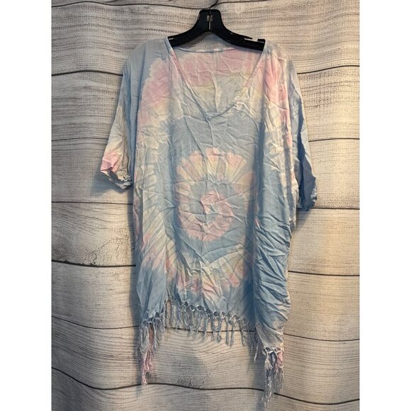 Rainbow Tie-Dye Fringe Kaftan V-Neck Top Womens One Size - Picture 1 of 3